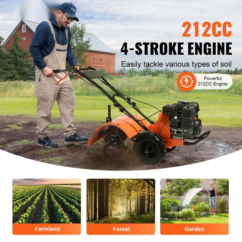 Bensiinikäyttöinen maanmuokkaaja 212 cc 4-tahtimoottori 490 mm leveys 4 säädettävät terät