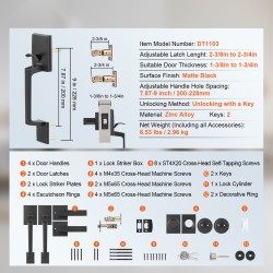Kaksiosainen etuoven kahvasarja neliömäinen mattamusta messinki ja sinkki kääntyvällä kahvalla