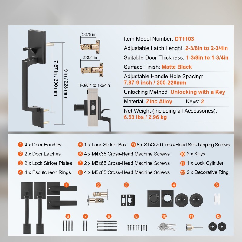 Kaksiosainen etuoven kahvasarja neliömäinen mattamusta messinki ja sinkki kääntyvällä kahvalla