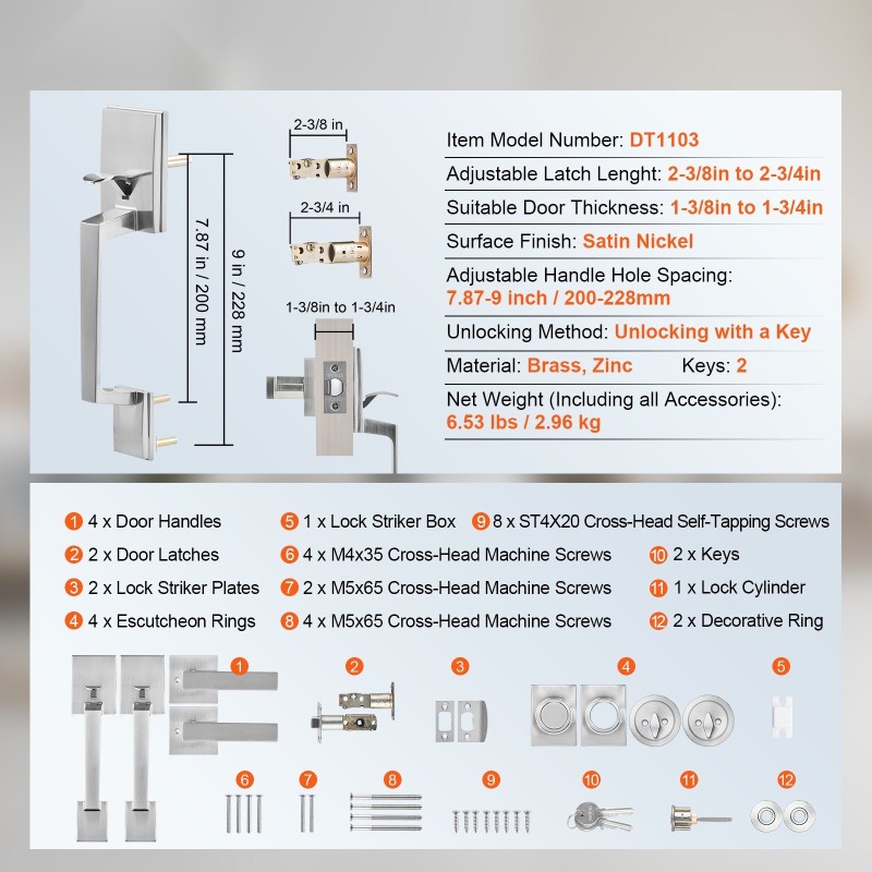 Kaksinkertainen ovenkahvasarja satiininikkelipinnoite messinki ja sinkki neliövipukahvat käännettävä avainlukolla etu- ja