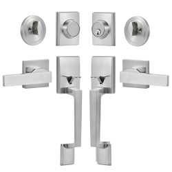 Kaksinkertainen ovenkahvasarja satiininikkelipinnoite messinki ja sinkki neliövipukahvat käännettävä avainlukolla etu- ja