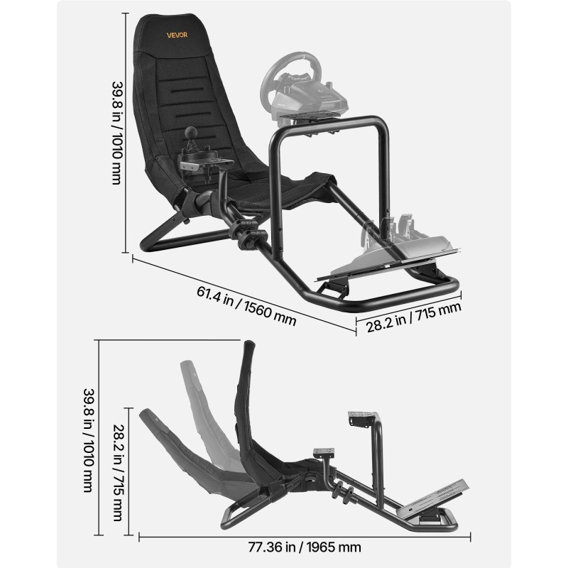 Ajosimulaattorin hiiliteräsrunkoinen ohjaus ja poljinjalusta musta 180 kg yhteensopiva suosittujen rattien kanssa