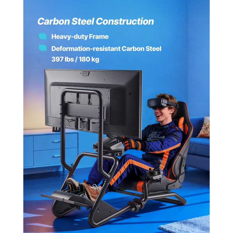 Ajosimulaattorin teräsrunkoinen rattiteline PVC-istuimella ja irrotettavalla näyttötelineellä sopii 60 tuuman näytölle