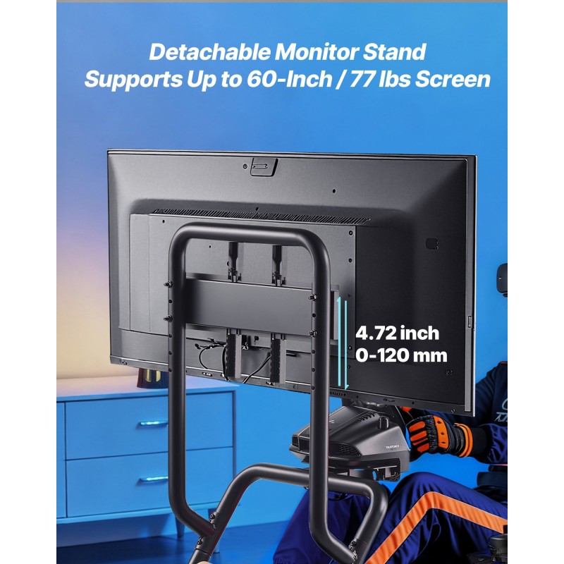 Ajosimulaattorin teräsrunkoinen rattiteline PVC-istuimella ja irrotettavalla näyttötelineellä sopii 60 tuuman näytölle