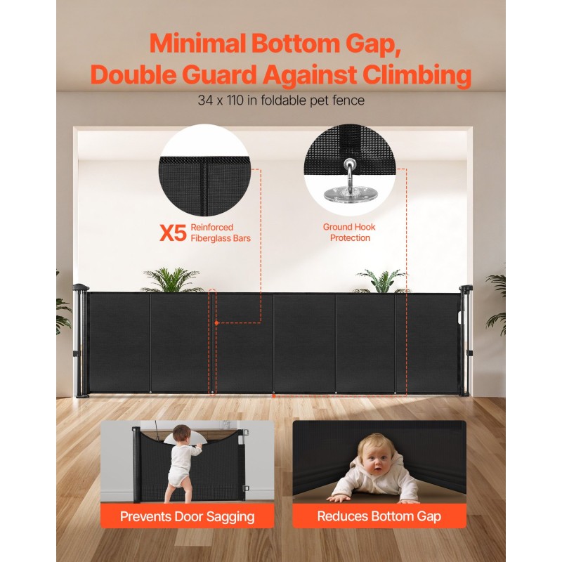 Sisäänvedettävä turvaportti 870 mm korkea 2800 mm leveä verkkokangas lasikuituvahvisteinen runko musta