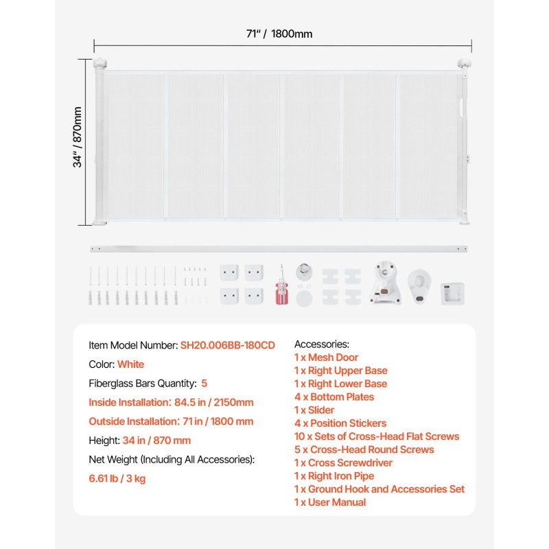 Sisäänvedettävä turvakaide 870 mm korkea 1800 mm leveä lasikuiturunko ja verkkopaneeli sisäkäyttöön