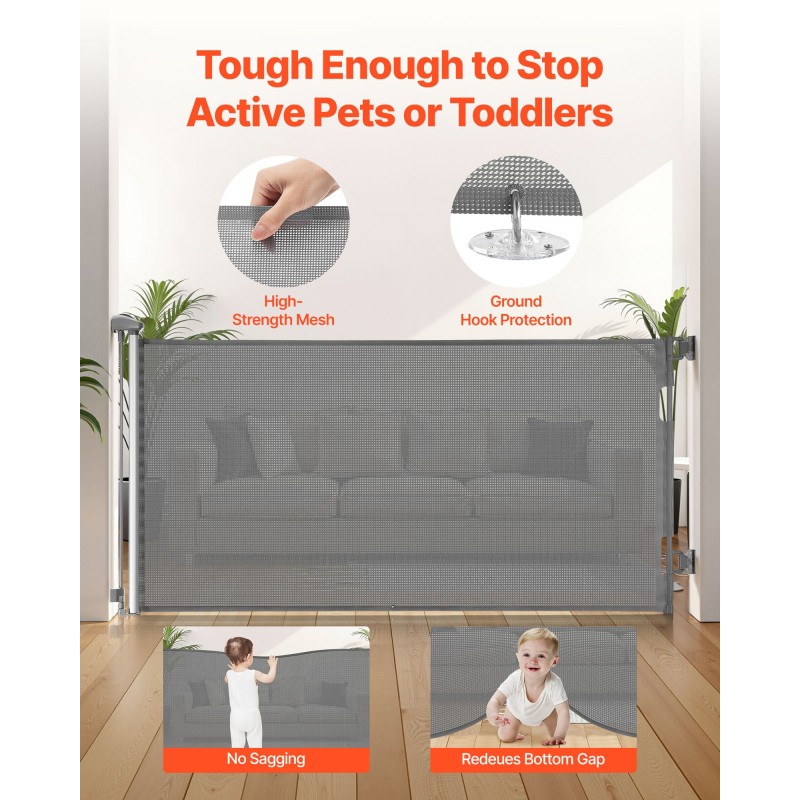 Sisäänvedettävä turvaportti läpinäkyvällä verkkokankaalla 1430 mm leveä 795 mm korkea turvalukko harmaa