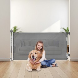 Sisäänvedettävä turvaportti läpinäkyvällä verkkokankaalla 1430 mm leveä 795 mm korkea turvalukko harmaa