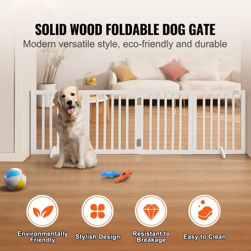 Taitettava koiraportti massiivipuu 4 paneelia 204 cm leveä 61 cm korkea valkoinen