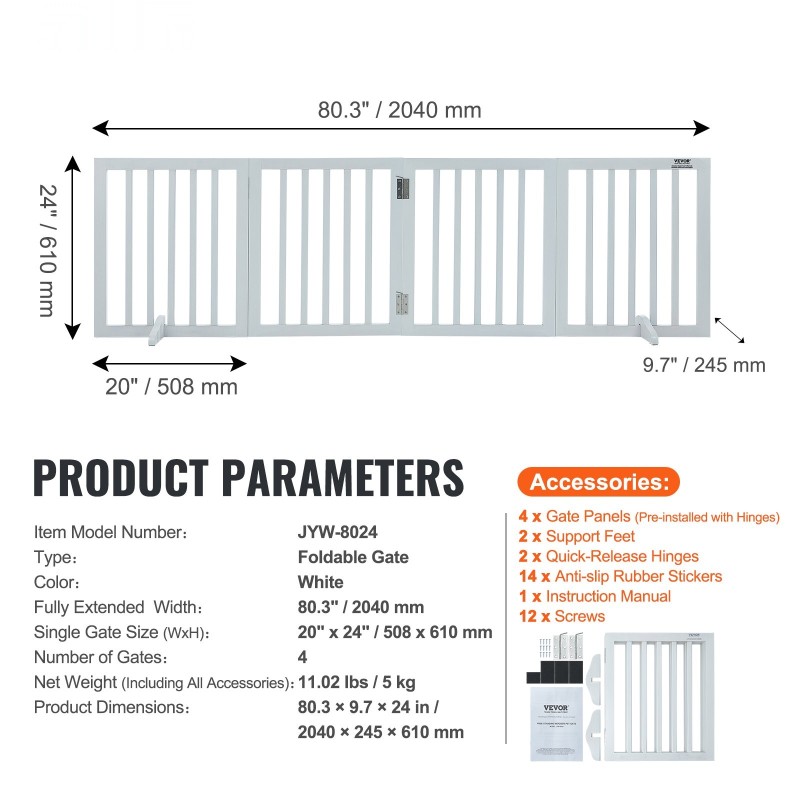 Taitettava koiraportti massiivipuu 4 paneelia 204 cm leveä 61 cm korkea valkoinen