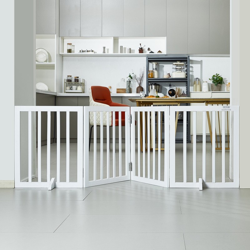 Taitettava koiraportti massiivipuu 4 paneelia 204 cm leveä 61 cm korkea valkoinen