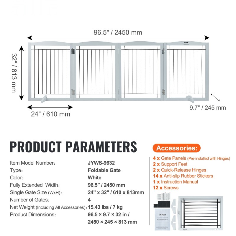 Taittuva puinen lemmikkiportti 4 paneelia 813 mm korkea 2450 mm leveä valkoinen
