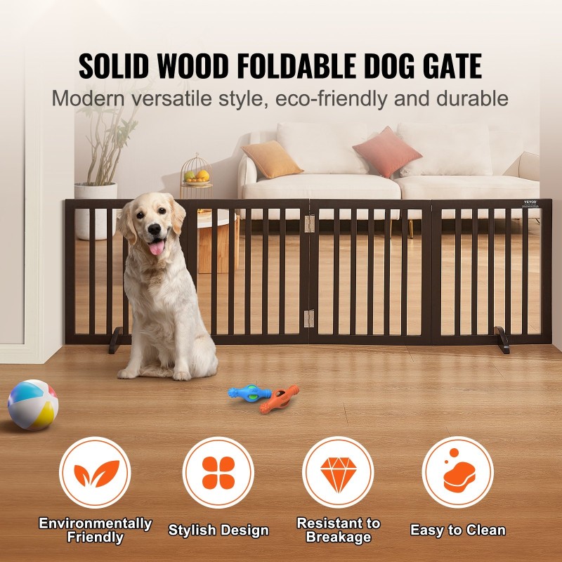 Täyspuinen vapaasti seisova lemmikkiportti taitettava 4 paneelia 2040 mm leveä ruskea