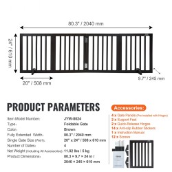Täyspuinen vapaasti seisova lemmikkiportti taitettava 4 paneelia 2040 mm leveä ruskea