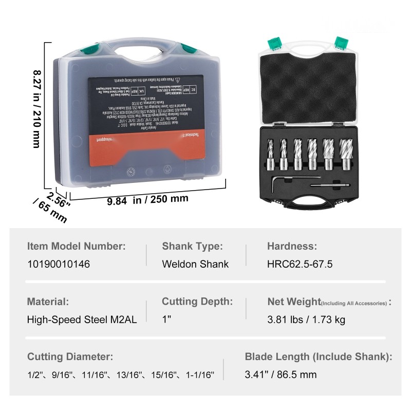 Rengasjyrsinsarja M2AL-pikaliukuterästä 6 kpl Weldon-kannalla leikkuusyvyys 2,5 cm magneettiporakoneille