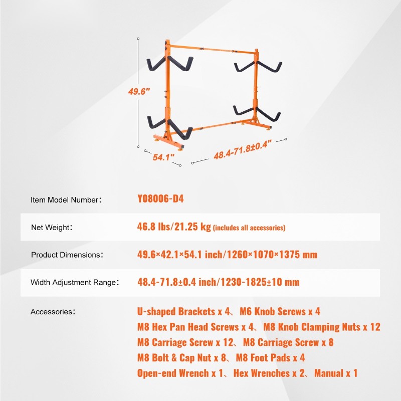 Teräksinen vapaasti seisova kajakkiteline 4 veneelle säädettävä 1230–1825 mm pehmustetut tukivarret