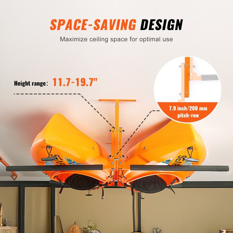 Kattokiinnitteinen teräksinen säilytysteline kahdelle kajakille ja SUP-laudalle säädettävällä korkeudella