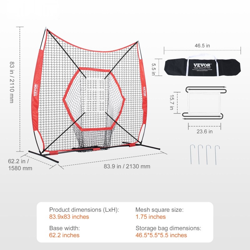 Baseball- ja softball-harjoitusverkko 7x7 jalan polyesteriverkko lasikuitutangot hiiliteräksinen jalusta
