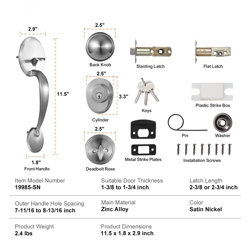 Etuoven lukkosarja sinkkiseosrunko satiininikkeli säädettävä reikäväli 195–224 mm sopii molemmille kätisille