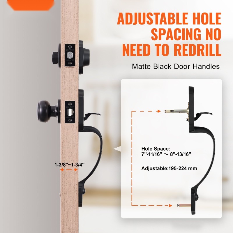 Etuoven lukitussetti sinkkiseos kuparipinnoitteella musta matta sisänupilla ja varmuuslukolla säädettävällä reikävälityksellä