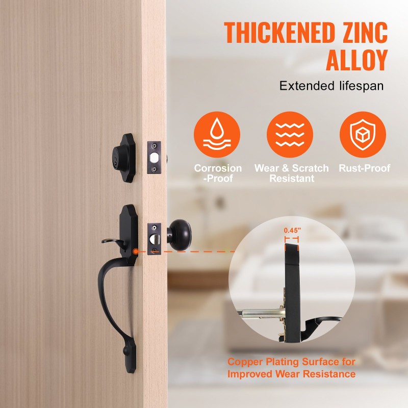 Etuoven lukitussetti sinkkiseos kuparipinnoitteella musta matta sisänupilla ja varmuuslukolla säädettävällä reikävälityksellä