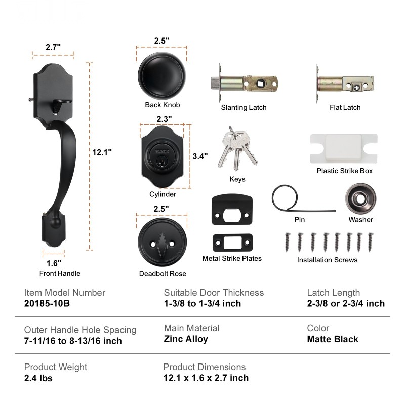 Etuoven lukitussetti sinkkiseos kuparipinnoitteella musta matta sisänupilla ja varmuuslukolla säädettävällä reikävälityksellä