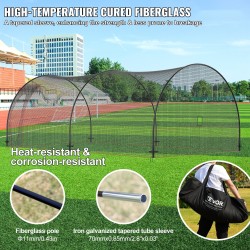 Suljettu lyöntikehikko lasikuitutangoin soveltuu baseball ja softball harjoitteluun noin 6,7 metriä