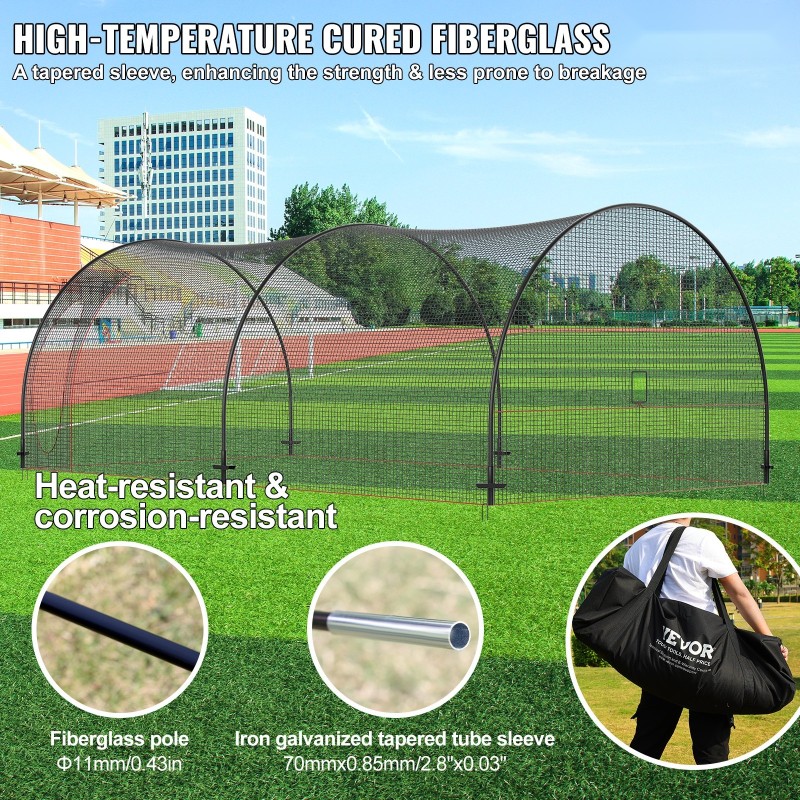 Suljettu lyöntikehikko lasikuitutangoin soveltuu baseball ja softball harjoitteluun noin 6,7 metriä