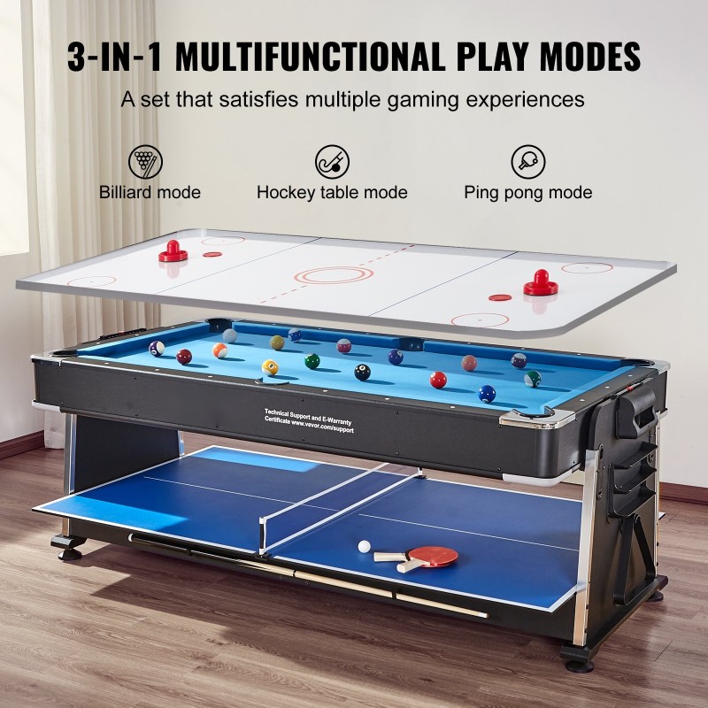 Pelipöytä kääntyvä kolmelle pelille biljardi ilmakiekko pöytätennis MDF-levy PVC-pinta 88 tuuman