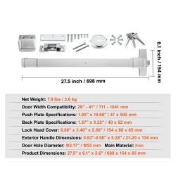 Työntöaisa-hätälukko hiiliteräksinen puu- ja metallioville 711–1041 mm ulkokahvalla 3 avaimella