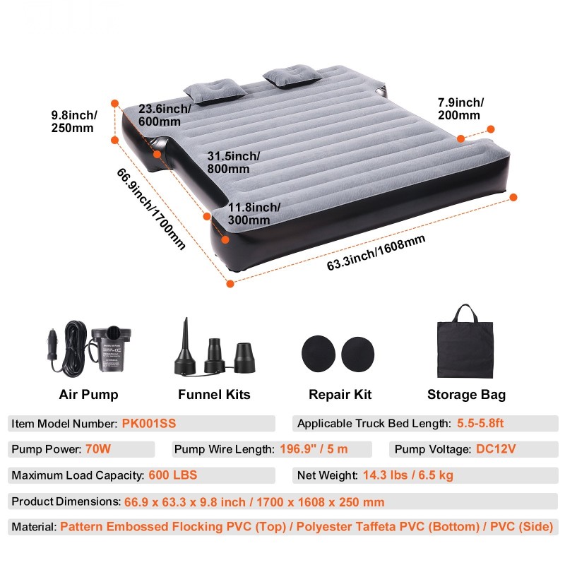 Lavapatja lava-autoon 5.5–5.8 ft kuvioitu nukkapinta PVC 2 tyynyä 12V ilmapumppu