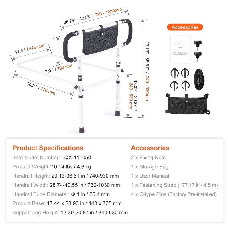 Sängyn kaide hiiliteräksinen 180 asteen kääntyvä 204 kilogramman kantavuus nelitasoinen säädettävä kädensija