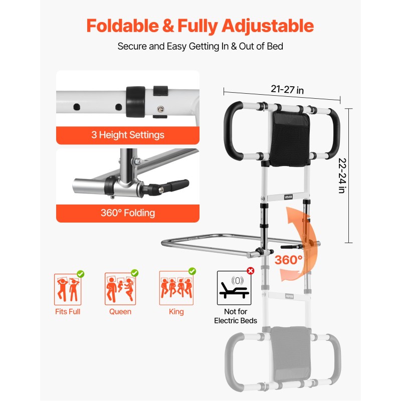 Sängynlaita säädettävä taittuva hiiliteräsrunko polyuretaanipinnoitettu kahva kantavuus 136 kg eri sänkymitoille