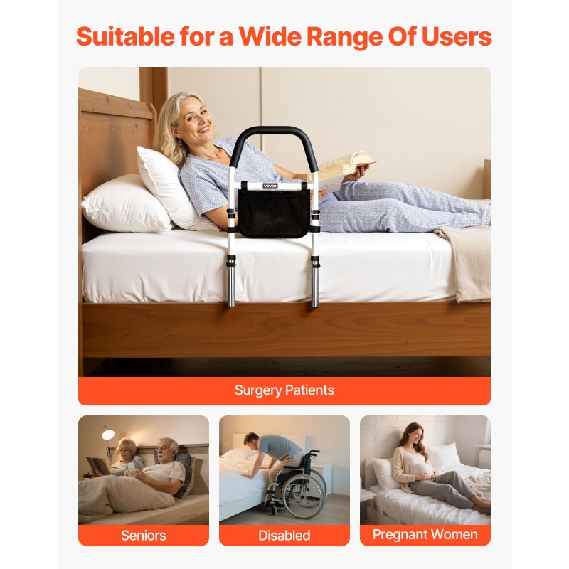 Sängynlaita iäkkäille säädettävä korkeus hiiliteräsrunko polyuretaanikahva 136 kg kantavuus sopii eripaksuisille patjoille