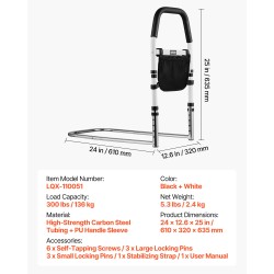 Sängynlaita iäkkäille säädettävä korkeus hiiliteräsrunko polyuretaanikahva 136 kg kantavuus sopii eripaksuisille patjoille