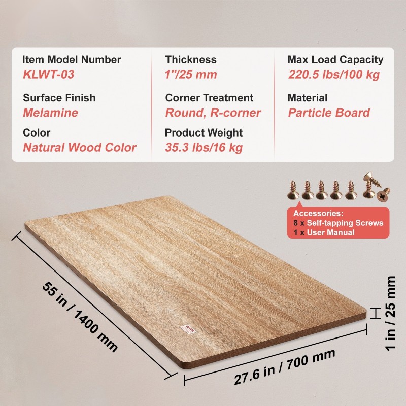 Pöytälevy lastulevy melamiinipintainen 1400 x 700 mm 25 mm pyöristetyt kulmat P2-luokka