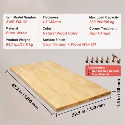 Pöytätaso vaahterainen yhden kappaleen 1200×750 mm 38 mm paksu 150 kg kantava