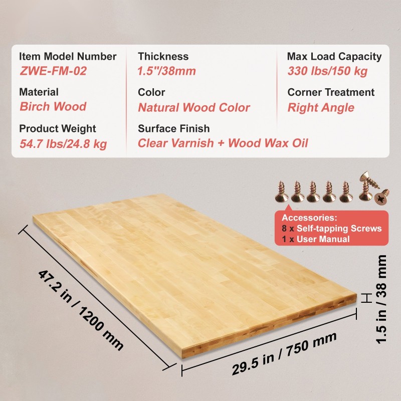 Pöytätaso vaahterainen yhden kappaleen 1200×750 mm 38 mm paksu 150 kg kantava