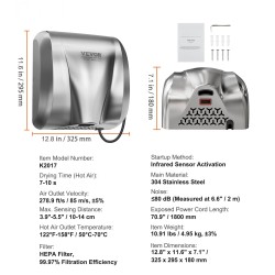 Käsienkuivain seinään asennettava 304-ruostumaton teräs 1800W automaattinen infrapunatunnistin HEPA-suodatin 220-240V