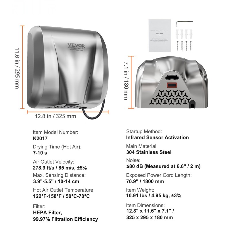 Käsienkuivain seinään asennettava 304-ruostumaton teräs 1800W automaattinen infrapunatunnistin HEPA-suodatin 220-240V