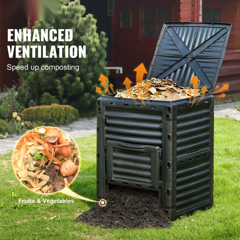 Ulkokompostori 300 L PP-muovi BPA-vapaa musta yläkansi alaluukku neljän sivun ilmanvaihto
