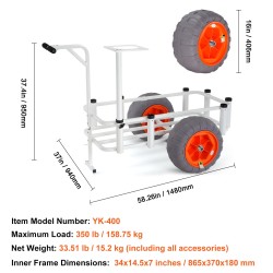 Kalastuskärry alumiinirunko 158,75 kg kantavuus 16 tuuman polyuretaani ilmakumeilla 8 vapatelinettä