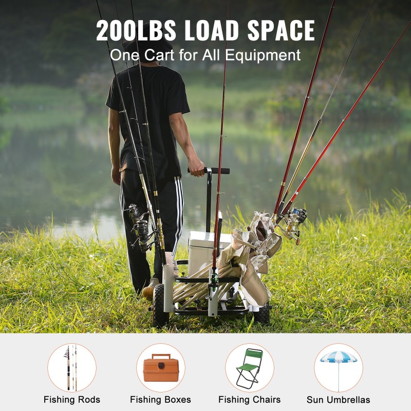 Rantakalastuskärry teräsrunko 11-tuumaiset kumiset ilmakennorenkaat 90,7 kg kantavuus 7 vapatelinettä