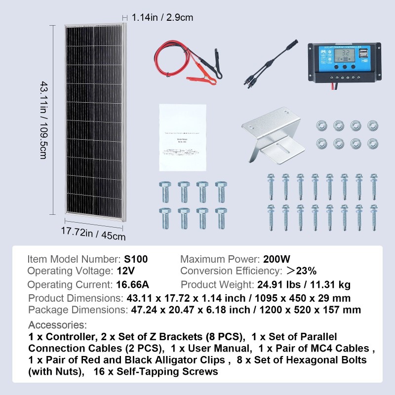Monokiteinen vesitiivinen aurinkopaneelisarja kahdella sadan watin paneelilla lataussäätimellä