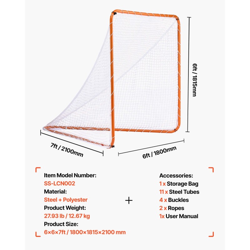 Lacrosse-maali teräsrunko 6x6x7ft harjoitusmaali kannettava kantolaukulla nuorille ja aikuisille