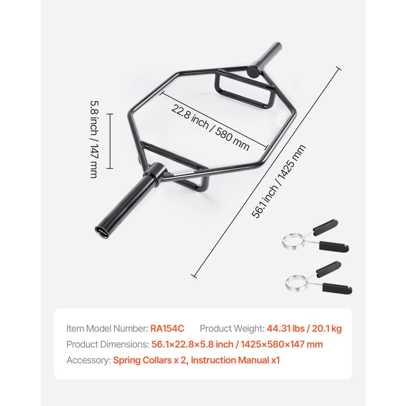Kuusikulmainen trap-tanko teräs 50 mm holkit 360 kg kapasiteetti karhennetut kahvat
