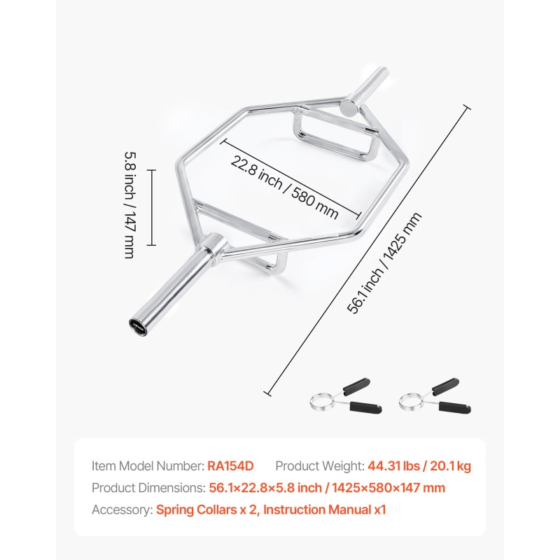 Kuusikulmainen terästanko 50 mm keskireikä 360 kg karhennetut kahvat