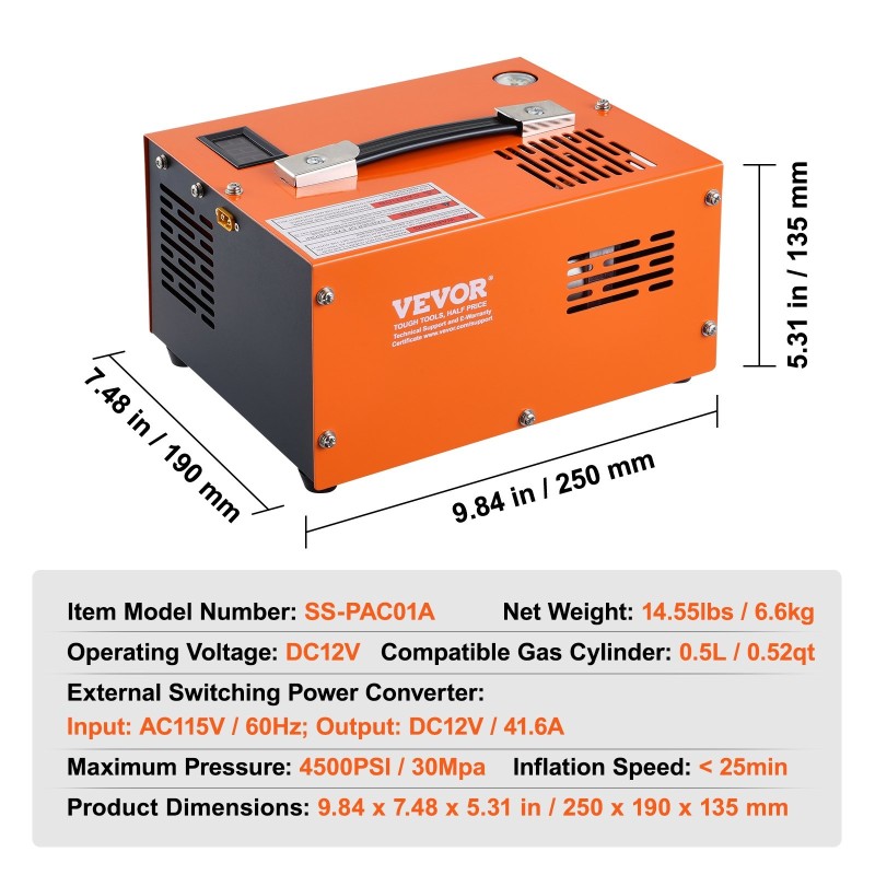 PCP-kompressori kannettava paineilmakivääriin 4500PSI 30MPa DC12V ja AC230V öljytön vedetön