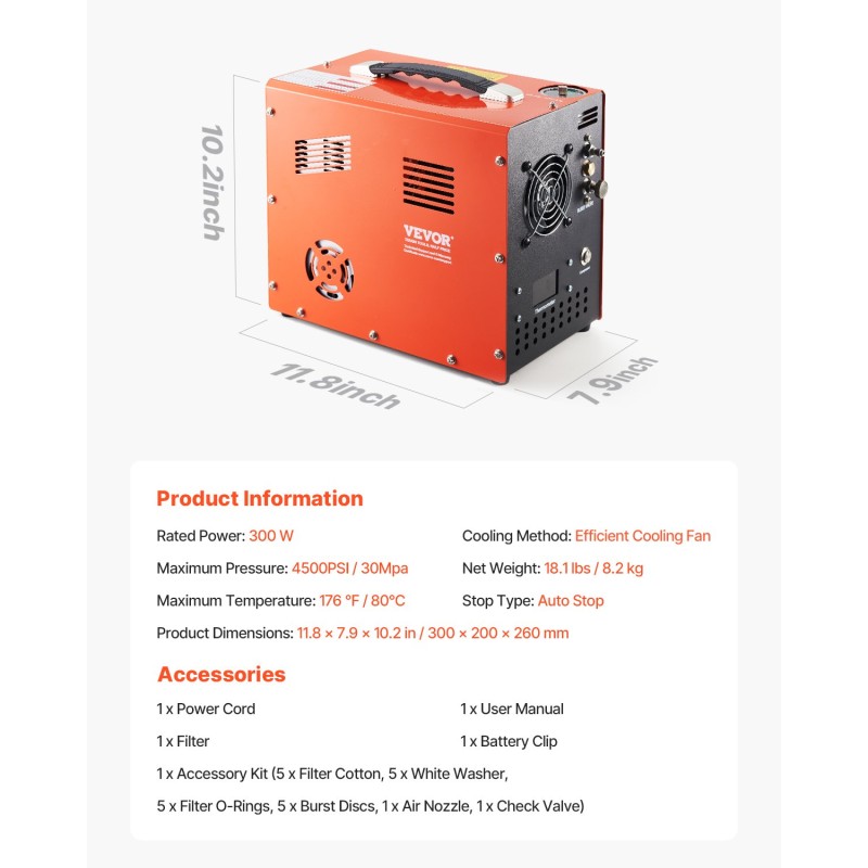 PCP-ilmakompressori 300W 4500PSI/30MPa DC12V/AC230V kannettava ilma-aseille ja sukelluspulloille