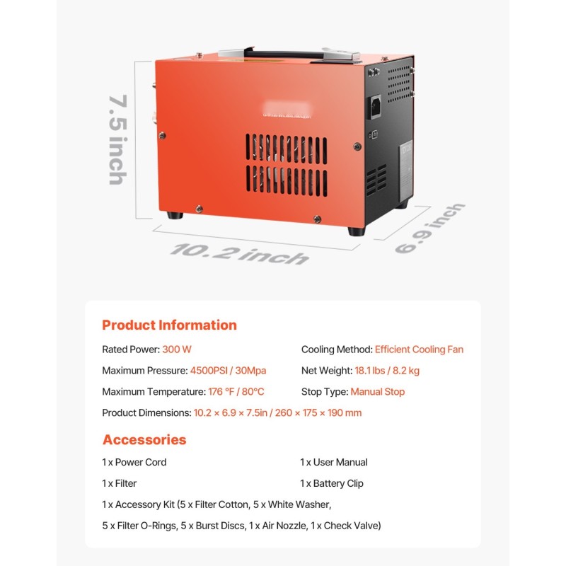 PCP-ilmakiväärikompressori kannettava 300 W 4500 PSI 30 MPa DC12V AC230V